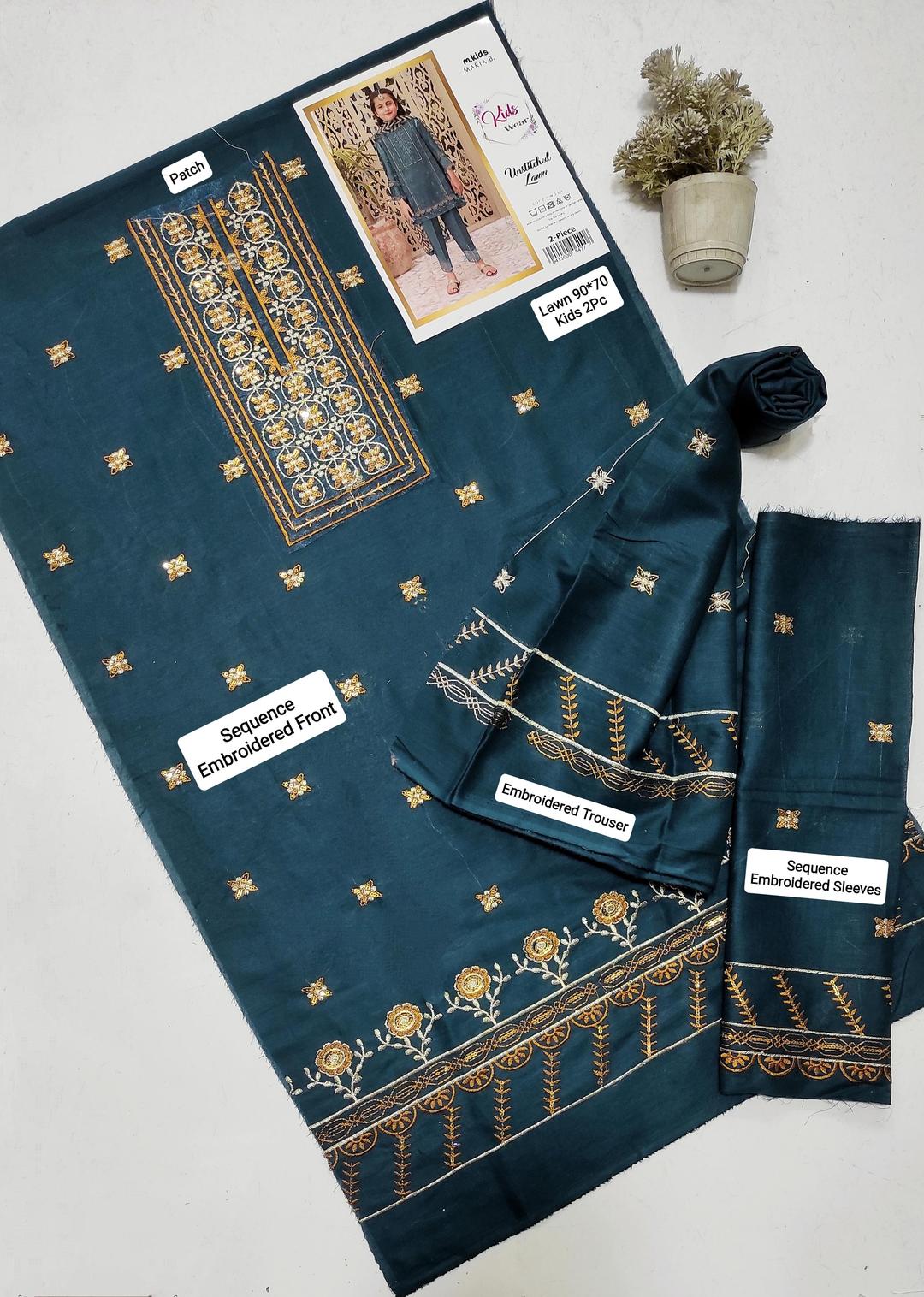 2 Pcs Girl's Lawn Embroidered Unstitched Suit