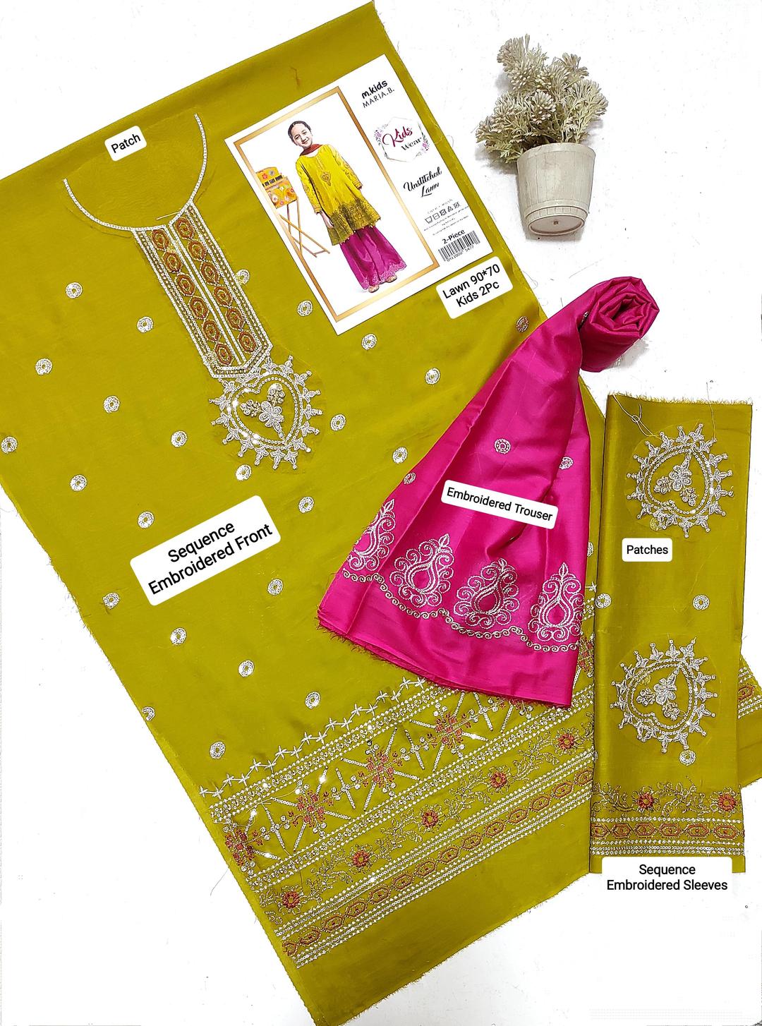 2 Pcs Girl's Lawn Embroidered Unstitched Suit