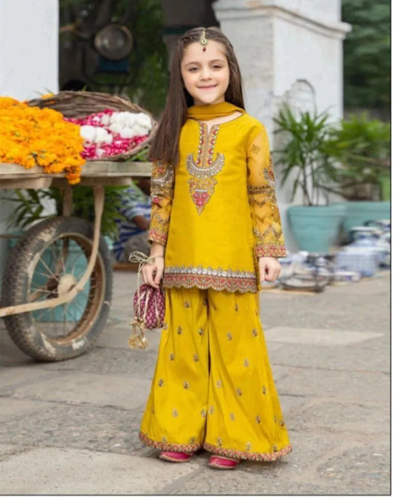 3 Pcs Girl's Cotton Embroidered Kurta And Shalwar Suit
